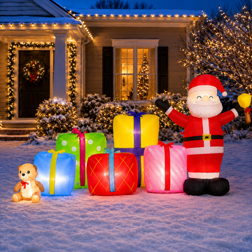 JoyStone 8FT Inflatable Christmas Decoration with Built-in LED Lights, Santa Claus with Gift Box & Bear, Xmas Blow Up Holiday Yard Decor for Indoor Outdoor Party Lawn Garden