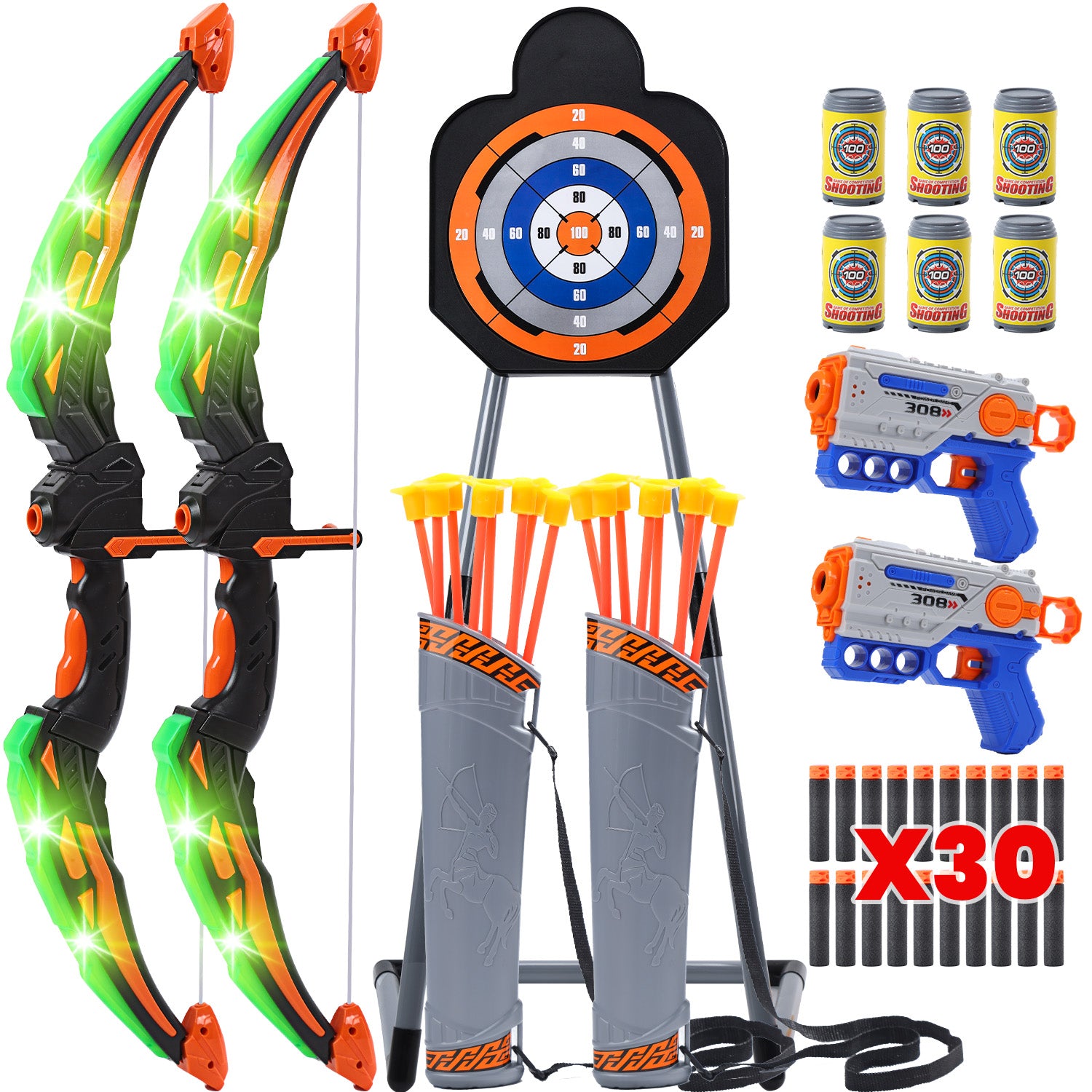 JoyStone 2 Pack Bow and Arrow Sets Kids, LED Light Up Archery Set with Standing Target, Indoor Outdoor Sport Gifts for Boys Girls Ages 4-8