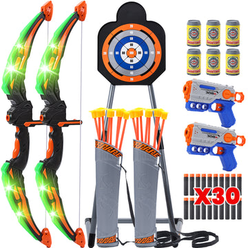 JoyStone 2 Pack Bow and Arrow Sets Kids, LED Light Up Archery Set with Standing Target, Indoor Outdoor Sport Gifts for Boys Girls Ages 4-8