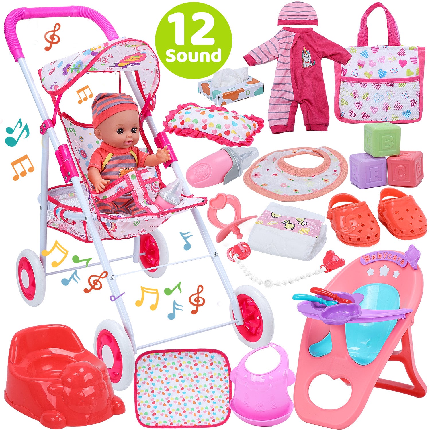 JoyStone 35Pcs Baby Stroller Toy, 12" Soft Body Dolls, 21'' Foldable Doll Stroller with Storage Basket, Baby Toy Gift for Age 3+ Years Old Girls Boys