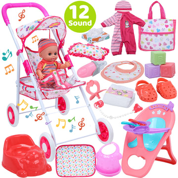 JoyStone 35Pcs Baby Stroller Toy, 12" Soft Body Dolls, 21'' Foldable Doll Stroller with Storage Basket, Baby Toy Gift for Age 3+ Years Old Girls Boys