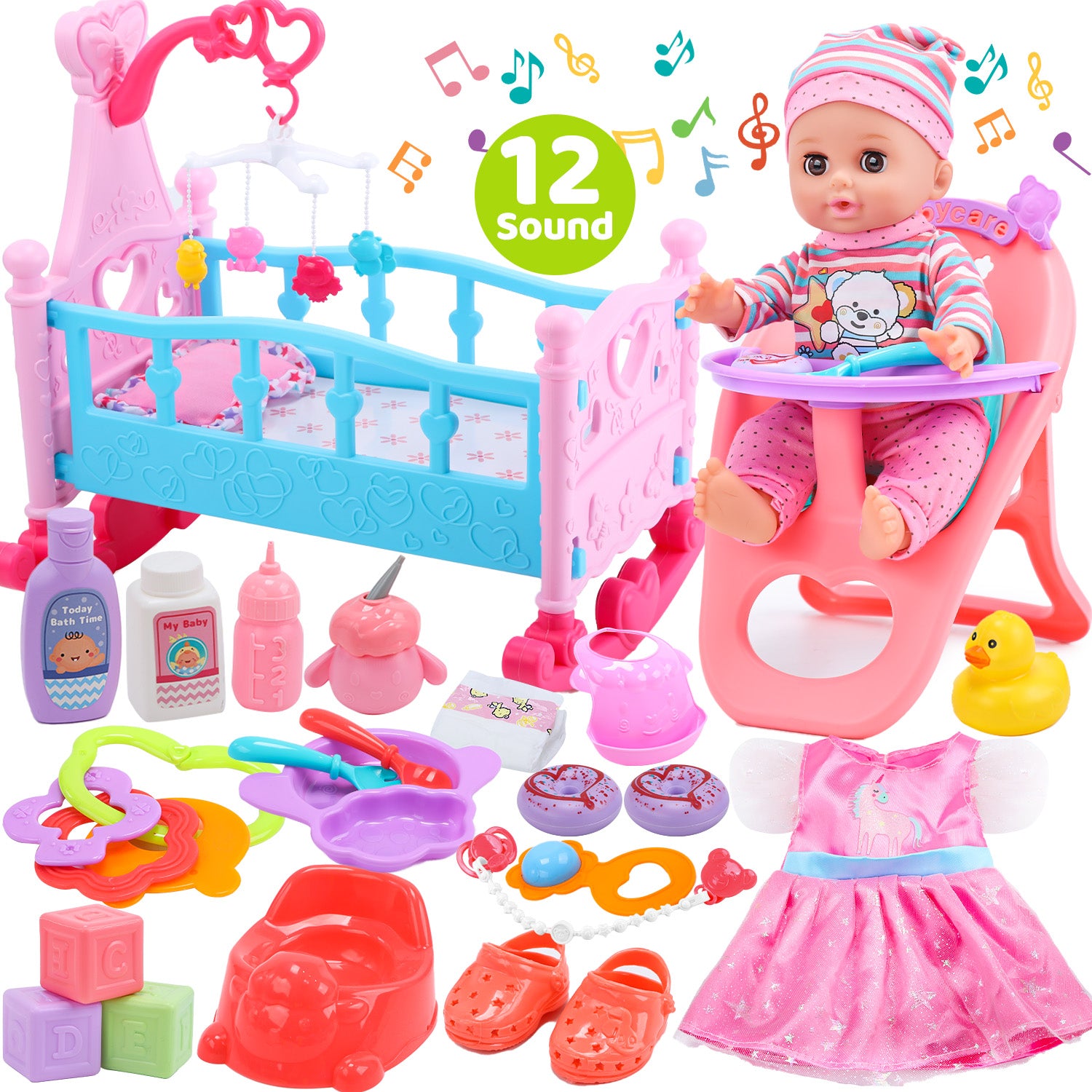 JoyStone 41Pcs Doll Care Toy Playset,  12" Soft Body Dolls for Girls with Crib, High Chair Feeding Accessories, Baby Toy Gift for Age 3+ Years Old Girls Boys