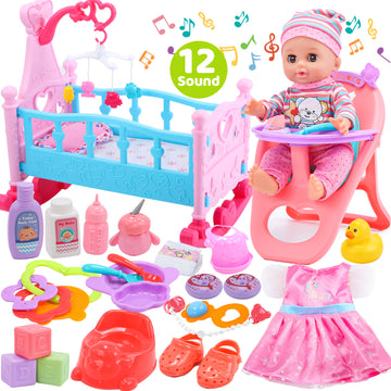 JoyStone 41Pcs Doll Care Toy Playset,  12" Soft Body Dolls for Girls with Crib, High Chair Feeding Accessories, Baby Toy Gift for Age 3+ Years Old Girls Boys