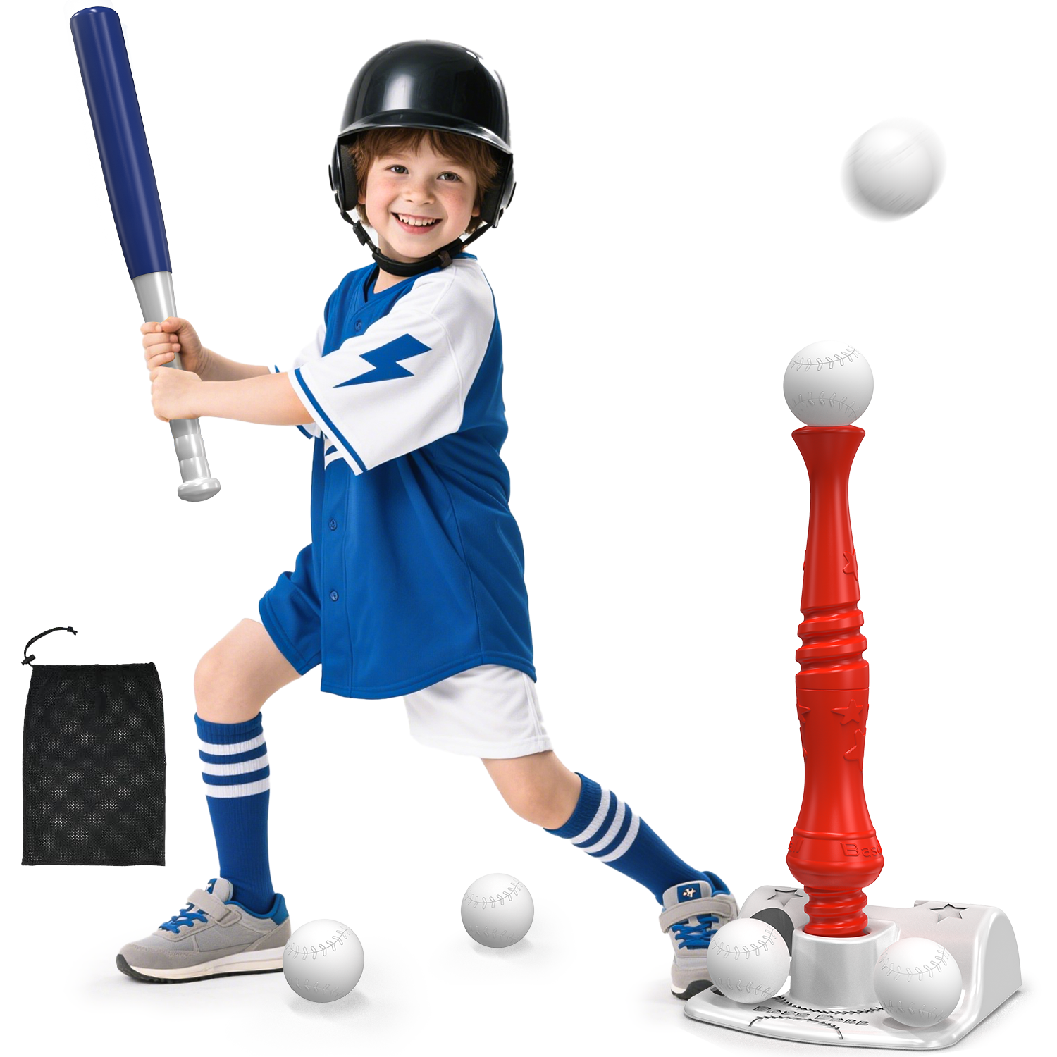 JoyStone 4-in-1 Baseball Set for Kids, Tee Ball Stand, Hanging Tee, Ball Launcher, Golf Clubs with 8pcs Training Golf Balls & Clubs Equipment, Indoor/Outdoor Sports Gifts for Boys, Red