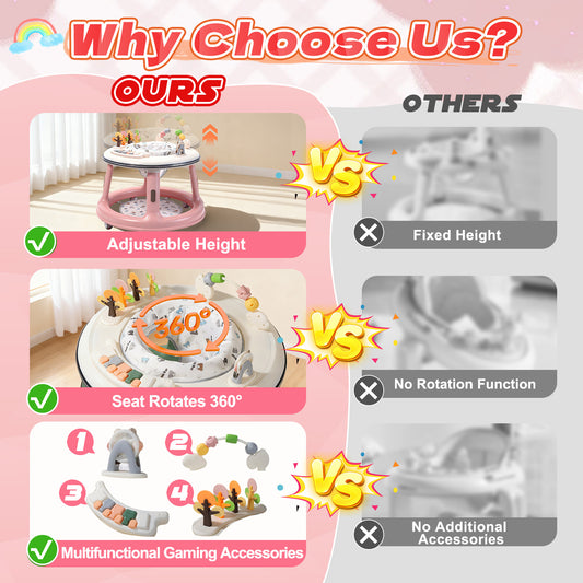 3 in 1 Baby Walker, Push Walker with 360° Swivel Seat, Music & Light Toys, Baby Bouncer, Baby Activity Center for Boy Girl 6-18 Months (Pink)