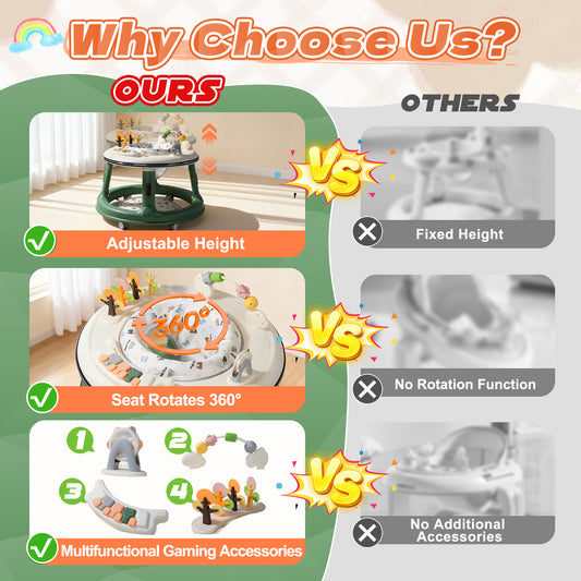 3 in 1 Baby Walker, Push Walker with 360° Swivel Seat, Music & Light Toys, Baby Bouncer, Baby Activity Center for Boy Girl 6-18 Months (Green)