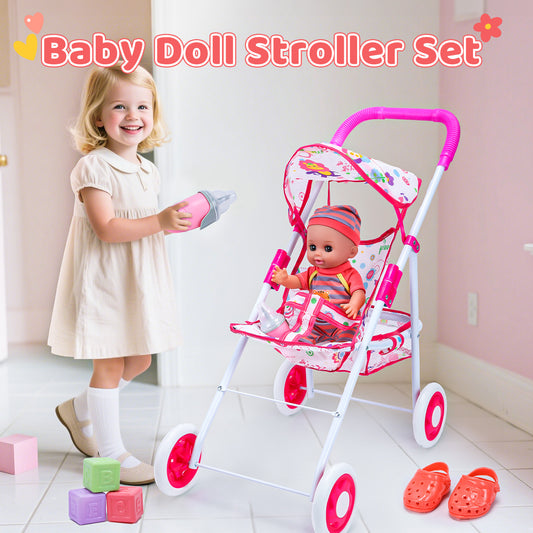 JoyStone 35Pcs Baby Stroller Toy, 12" Soft Body Dolls, 21'' Foldable Doll Stroller with Storage Basket, Baby Toy Gift for Age 3+ Years Old Girls Boys