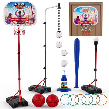 JoyStone 6 in 1 Kids Basketball Hoop and T Ball Set Ring Toss Game, Toddler basketball hoop with Electronic Scoreboard Music and LED Lights, Sports Gifts Toys for Boys Girls