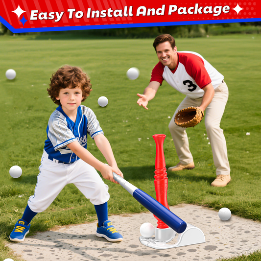 JoyStone 4-in-1 Baseball Set for Kids, Tee Ball Stand, Hanging Tee, Ball Launcher, Golf Clubs with 8pcs Training Golf Balls & Clubs Equipment, Indoor/Outdoor Sports Gifts for Boys, Red