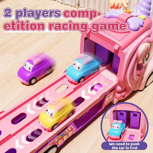 JoyStone Car Toys for Toddler Girls, Princess Truck with Lights and Sounds, Foldable 2-Player Race Track, 6 Friction Powered Cars, Birthday Gift for Kids Ages 3-8
