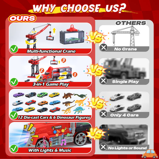 WonderStone 3-in-1 Large Fire Truck Toy with Lights & Sounds, 12 Containers and 12 Die-Cast Cars, 6 Dinosaur Toys, Crane Truck Toy for Boys Toddlers Ages 3-5
