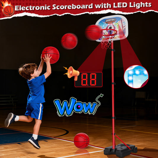 JoyStone 6 in 1 Kids Basketball Hoop and T Ball Set Ring Toss Game, Toddler basketball hoop with Electronic Scoreboard Music and LED Lights, Sports Gifts Toys for Boys Girls