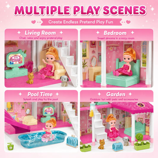 JoyStone 106 PCS Doll House Building Set, Pink DIY Dollhouse with Light String, Plastic Floor, 2 Dolls, Pool and Slide for Girls Ages 3+
