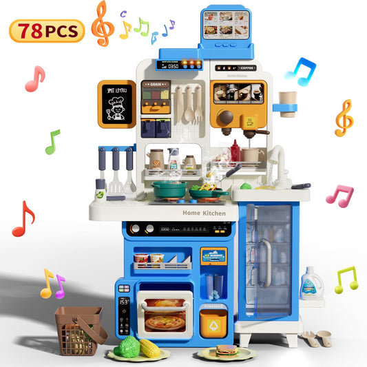 JoyStone 78PCS Large Kids Play Kitchen Set for Toddlers, 35.43 in Pretend Cooking Toy Kitchen with Interactive Menu, Water Play Coffee Maker, Lights Sounds Music for Kids 3+, Blue