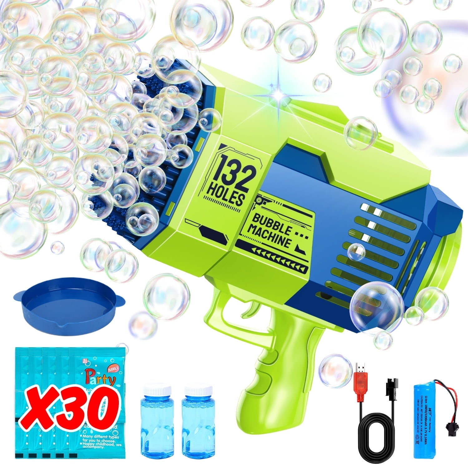 JoyStone Bubble Machine, 132 Holes Automatic Bubble Gun Toys with Colorful Lights and 30 Packs Refill Solution for Kids, Green