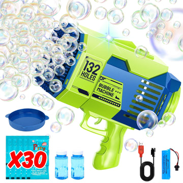 JoyStone Bubble Machine, 132 Holes Automatic Bubble Gun Toys with Colorful Lights and 30 Packs Refill Solution for Kids, Green