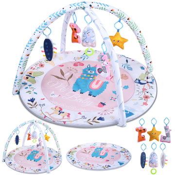 JoyStone Baby Gym Play Mat Activity Mat with 6 Detachable Toys, Round Tummy Time Play Mat for Newborns & Infants 0–12 Months