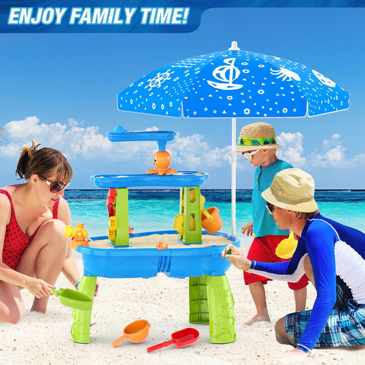 JoyStone 3-Tier Kids Sand Water Table with Umbrella, Outdoor Sensory Play Table Toy, 28.66" Tall, Summer Gift for Toddlers & Kids (Pump Not Included)