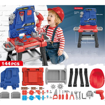 Wonderstone Kids Tool Workbench Toy Set, Construction Mechanic Set with Electronic Drill Sound, Perfect Gift for Toddler Boy Ages 3-8 (Blue&Red)