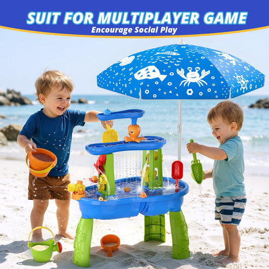 JoyStone 3-Tier Kids Sand Water Table with Umbrella & Water Pump, Outdoor Sensory Play Table Toy, 28.66" Tall, Summer Gift for Toddlers & Kids
