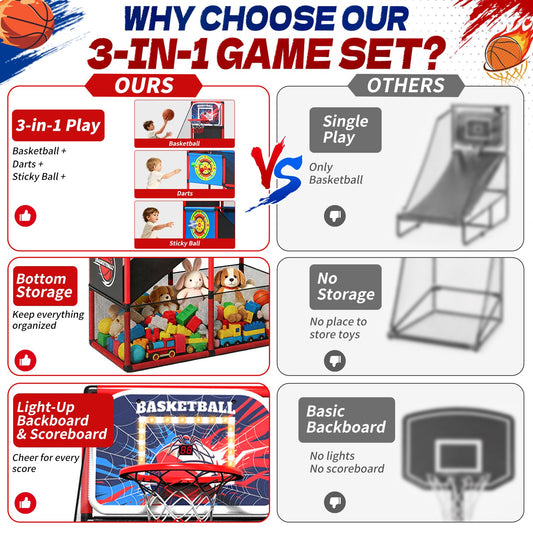 JoyStone 3-in-1 Basketball Arcade Game for Kids, Indoor Outdoor Basketball Hoop with Electronic Scoreboard, LED Lights, 4 Balls, Sports Toy for Boys Girls