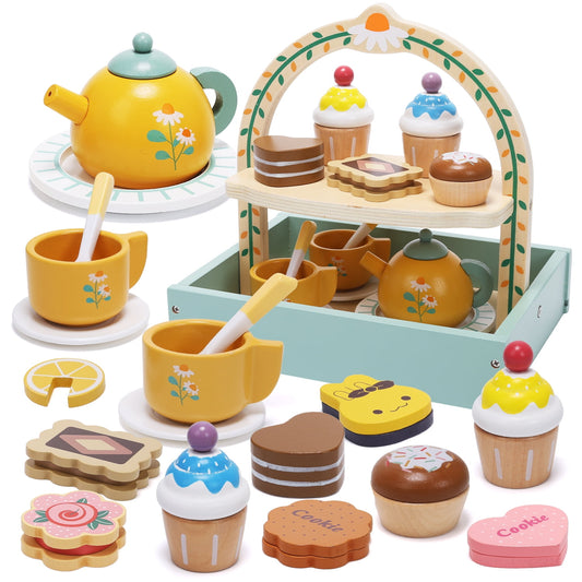 JoyStone Wooden Tea Party Set for Toddlers, Pretend Play Tea Sets for Kids with Storage Cupcake Stand, Wooden Toys Gifts for Girls & Boys£¨19PCS)