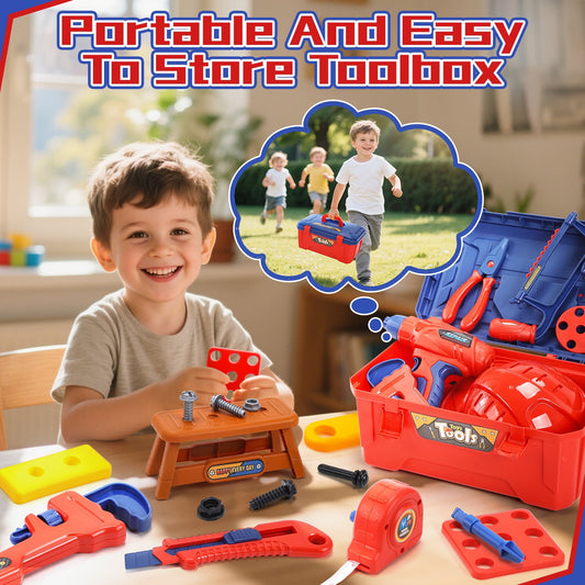 JoyStone Tool Set Toddler Beginner Tool Set with Tool Box & Toy Chainsaw & Drill,Pretend Play Toys, Gifts for 3-7 Kids