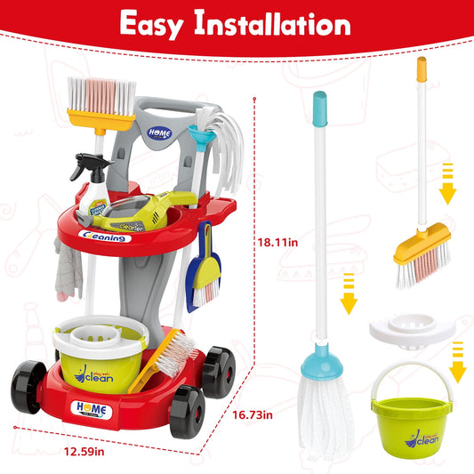 JoyStone Kids Cleaning Set, 20 PCS with Electric Sound & Light Vacuum, Broom, Mop, Dustpan, Brush, Rag, Housekeeping Cart, Perfect Gift for Kids, Red
