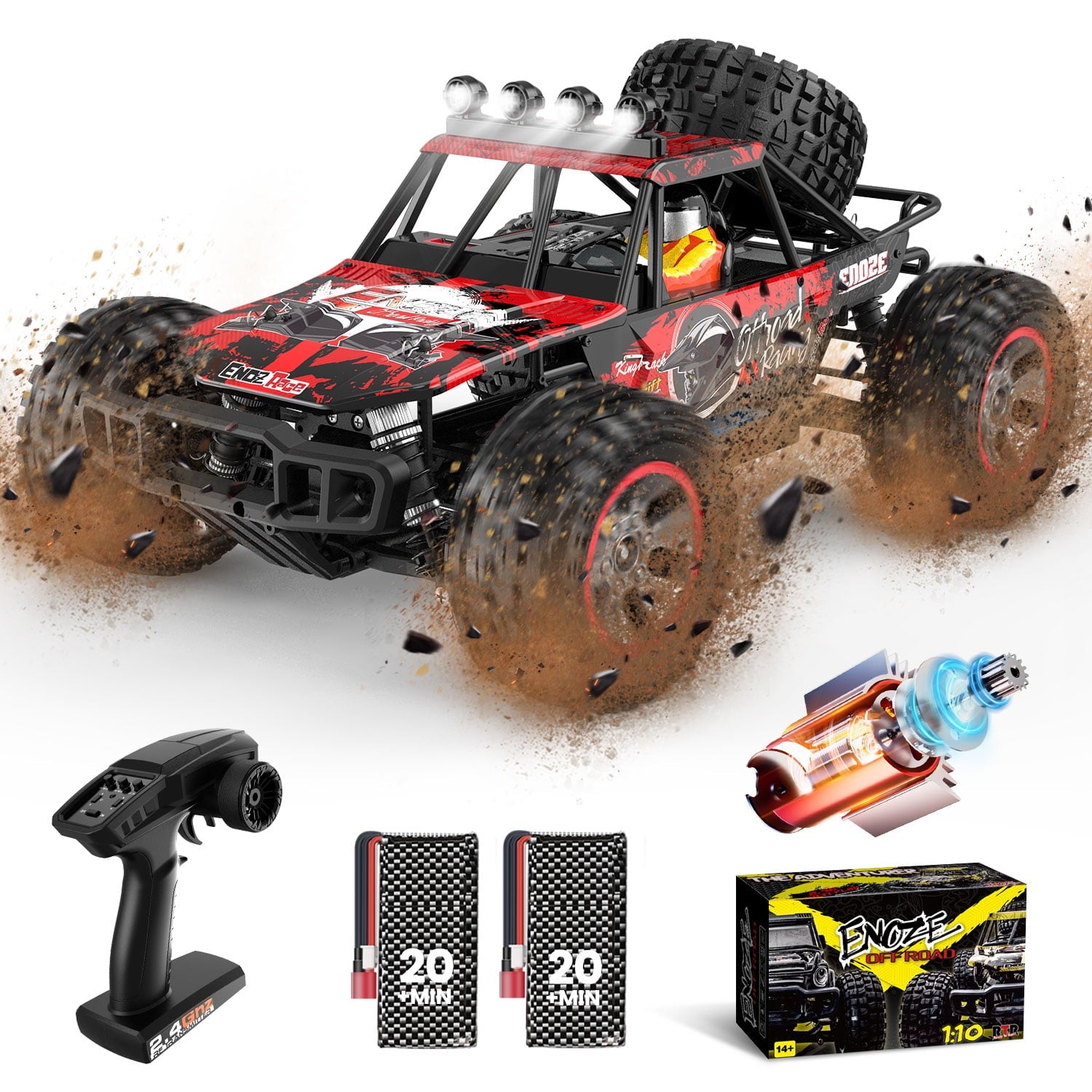 1:10 Scale High Speed RC Cars, 50+ KM/H Hobby Grade 4WD Off Road Monster Remote Control Truck Vehicle Toys for Adults Boys with 2 Batteries 40 Min Play