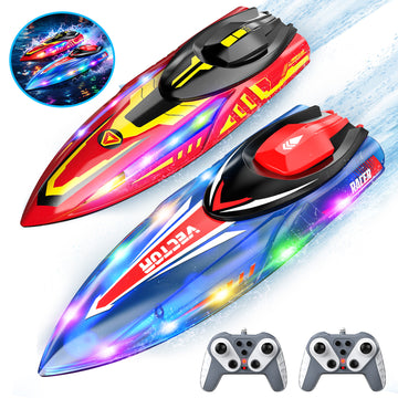 WonderStone 2 Pack Large RC Boats for Pools & Lakes, 2.4G Remote Control Boat with 7 LED Modes, Waterproof Racing Boats with 4 Rechargeable Batteries, Summer Toys for Adults & Kids