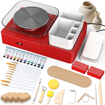 WonderStone Pottery Wheel with Foot Pedal Device, Electric Pottery Machine with 6.7'' Turntable Two-Way Rotation/2 Batteries, Complete Pottery Tools Set for kids and Adult (Red)