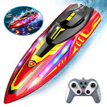 WonderStone Large RC Boat for Pools & Lakes, 2.4G Remote Control Boat with 7 LED Modes, Waterproof Racing Boat with 2 Rechargeable Batteries, Summer Toy for Adults & Kids (Red)