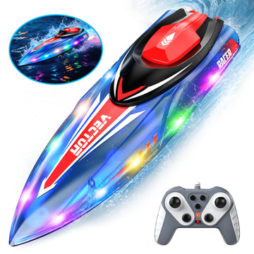 WonderStone Large RC Boat for Pools & Lakes, 2.4G Remote Control Boat with 7 LED Modes, Waterproof Racing Boat with 2 Rechargeable Batteries, Summer Toy for Adults & Kids (Blue)