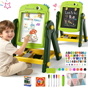 WonderStone Easel for Kids, Adjustable Double-Sided Magnetic Drawing Board with Storage, Gift for Toddlers Girls Ages 3-5, Green
