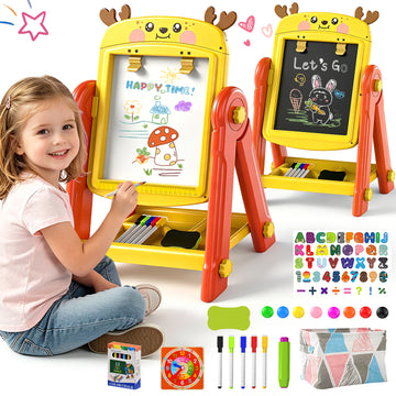 WonderStone Easel for Kids, Adjustable Double-Sided Magnetic Drawing Board with Storage, Gift for Toddlers Girls Ages 3-5, Yellow