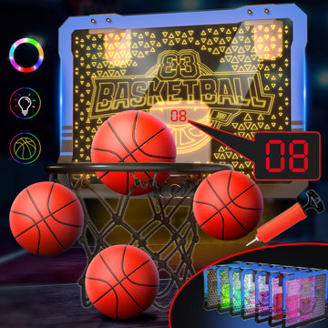 WonderStone LED Mini Basketball Hoop for Kids with Electronic, Over the Door Basketball Hoop with Foldable Rim, Glow in the Dark Toys Birthday Gift for 6-13 Year Old Boys (Blue)