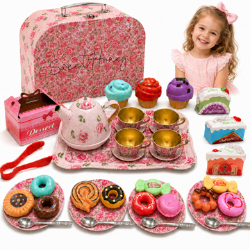 JoyStone Tea Party Set for Little Girls, 41PCS Pretend Play Tea Set with Carrying Case, Teapot, Tray, Cups, Saucers & Dessert Toys, Tea Time Kitchen Toys for Toddlers Ages 3-8