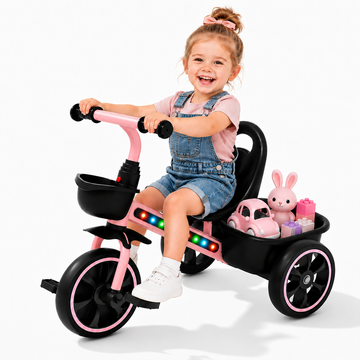 JoyStone Toddler Tricycle for Ages 1-4 Years, Kids Trike Toddler Bike with Cool Lights, Adjustable Seat & Basket, Pink