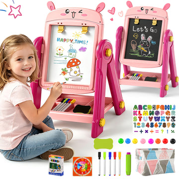 WonderStone Easel for Kids, Adjustable Double-Sided Magnetic Drawing Board with Storage, Gift for Toddlers Girls Ages 3-5, Pink