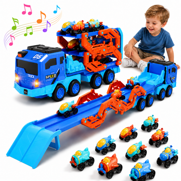 JoyStone 10-in-1 Foldable Carrier Truck Toy with 9 Mini Race Cars, Space Transport Truck with Lights & Sounds, Long Slide Track Playset for Toddlers Boys Girls Ages 3-8 Birthday Gift