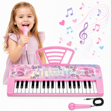 JoyStone 37 Keys Kids Piano Keyboard with Microphone & Music Stand, Music Learning Electronic Piano Toy, Birthday Gift for Boys Girls Aged 3+, Pink