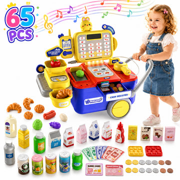 WonderStone 65pcs Cash Register for Kids, Pretend Play Store with Smart Item Recognition, Electronic Shopping Cart with Voice Reporting, Play Food & Money, Learning Toy for Toddlers 3+, Red