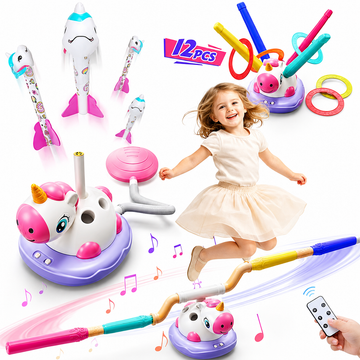 WonderStone 3-in-1 Unicorn-Themed Rocket Launcher Toy with 4 Foam Rockets, Musical Jump Toy with Remote Control & Ring Toss Game, Indoor Outdoor Sports Toy for Boys and Girls Ages 3-10