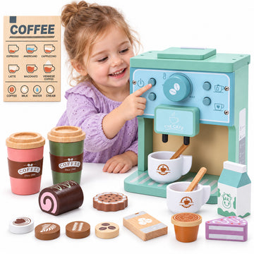 WonderStone 16-Piece Wooden Coffee Maker Toy Set, Complete Playset with Coffee Cups, Desserts, Menu & Accessories, Pretend Play Kitchen Toy for Toddlers Boys Girls Age 3+, Birthday Gift