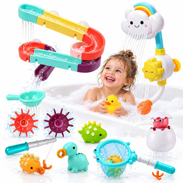 Wonderstone 21 PCS Baby Bath Toy Set, Bathtub Toys with Cloud Shower Sprinkler, Water Slide Track, Toddler Water Play Toys for Shower Bathtime (White)