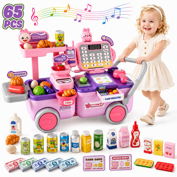 WonderStone 67pcs 2 in 1 Kids Cash Register, Large Storage Pretend Play Store with Smart Recognition, Electronic Shopping Cart with Voice Reporting,Play Food&Money,Learning Toy for Toddlers 3+, Pink