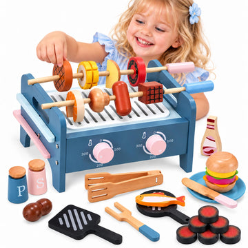Wonderstone Wooden BBQ Grill Pretend Play Set for Kids, Kitchen Barbecue Toy with Cooking Accessories, Educational Role Play Food Toy, Birthday Gift for Toddlers 3+