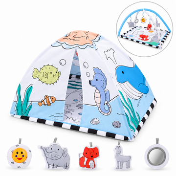 Wonderstone 3 in 1 Baby Gym Play Mat, Ocean Themed Tummy Time Mat with 5 Sensory Hanging Toys, Baby Activity Tent for Toddler Boys Girls 0-24 Month