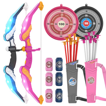 WonderStone 2-Pack Bow and Arrow for Kids, LED Light-Up Archery Set with 20 Suction Cup Arrows, Target & Quiver, Outdoor Yard Games Toys for Ages 4-13
