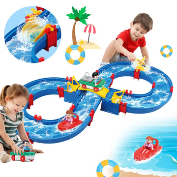 JoyStone Kids Outdoor Water Table Toys, 50PCS DIY Mini Water Park Building Blocks Toy on Table or Lawn,Beach Water Toy with 2 Boats, Summer Outdoor Backyard Funs for Toddler Boys Girls Ages 4-8
